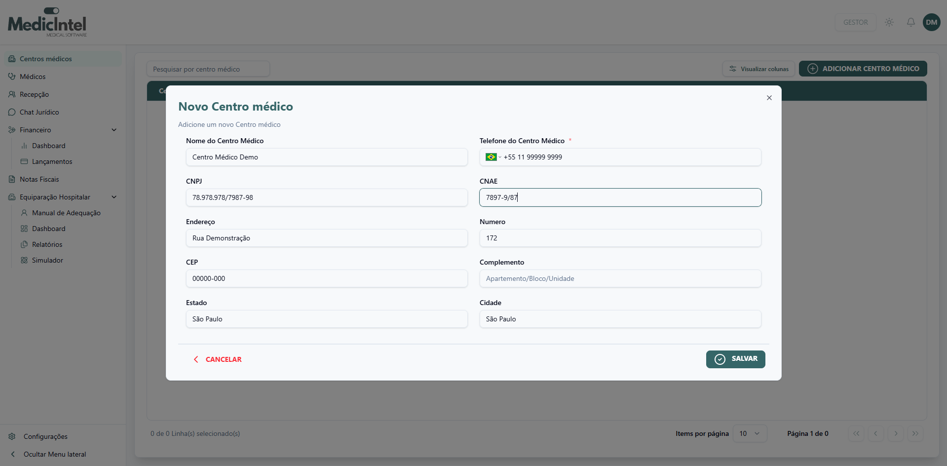 Modal de criação do Centro Médico