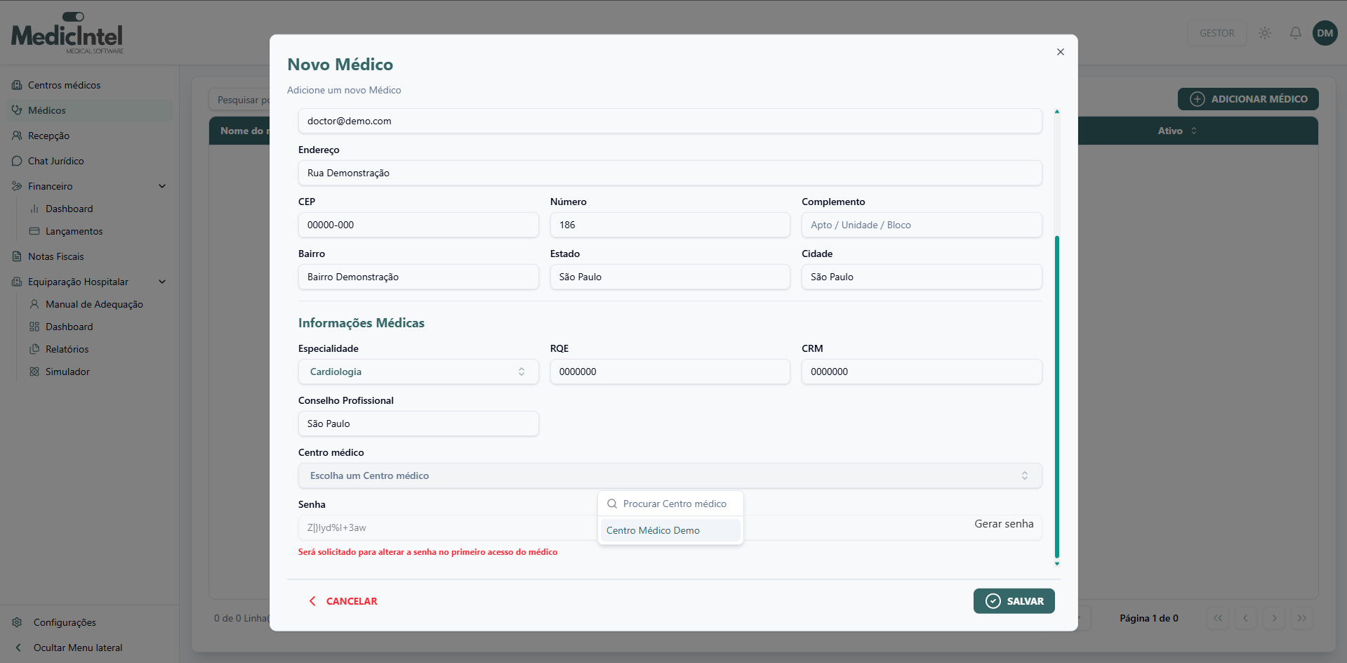 Modal de cadastro de médico